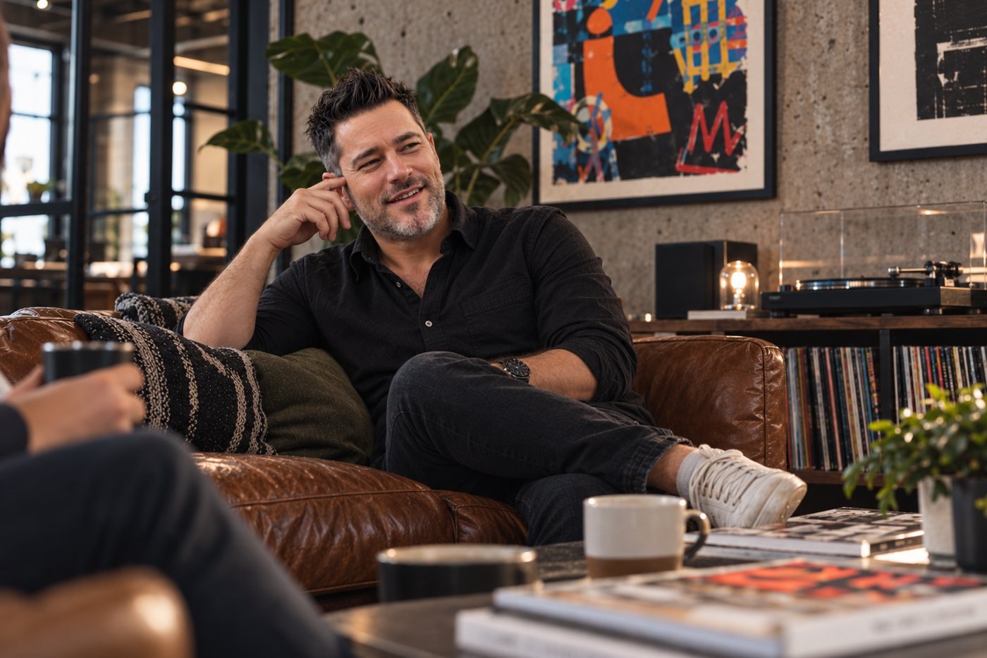 Drew, Bunker&rsquo;s CEO, relaxed on a leather couch in a studio, laughing mid-conversation over coffee